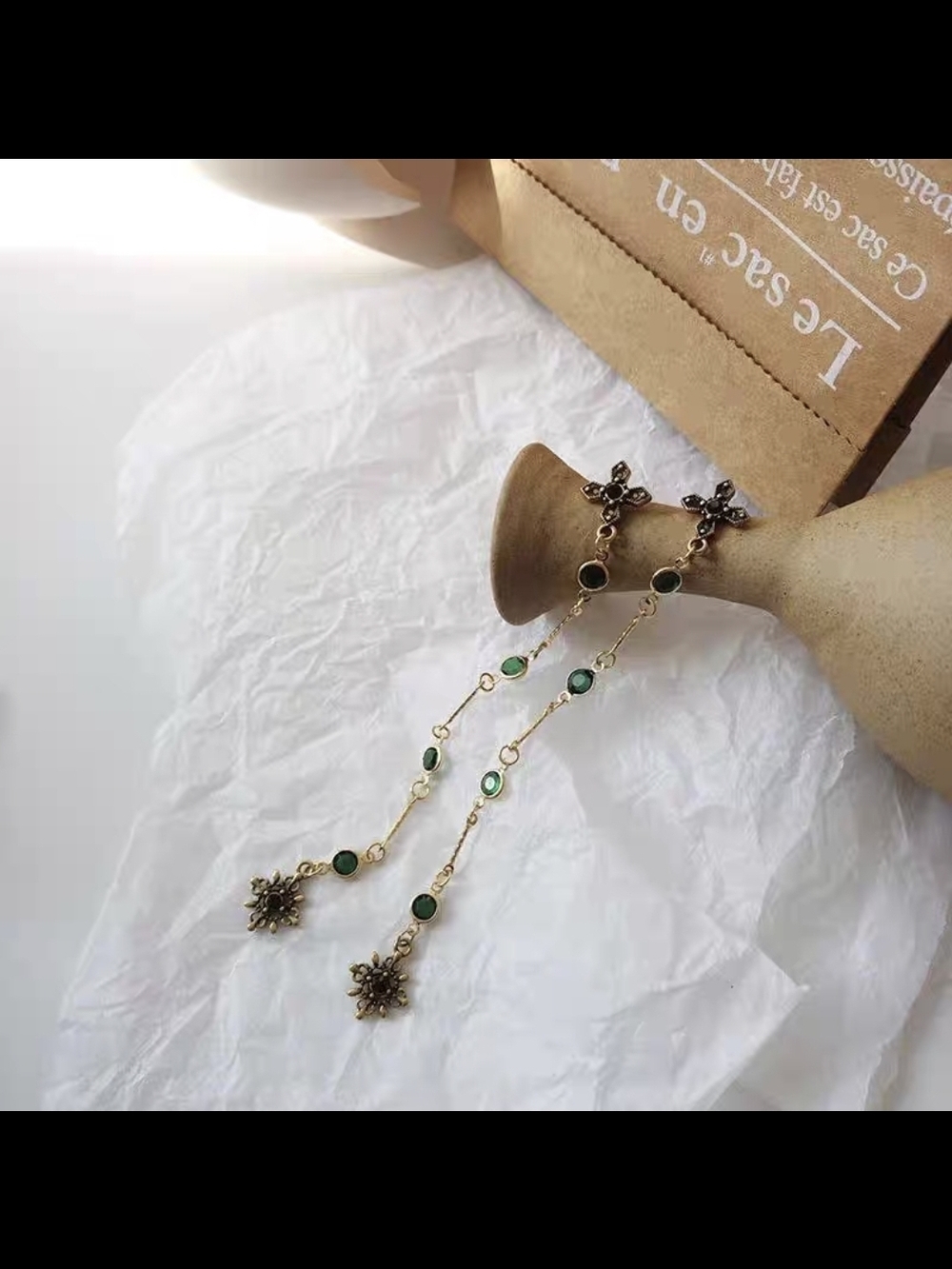 Swavroski Crystal Gold and Green Long Dangle Earrings - Women Jewelry
